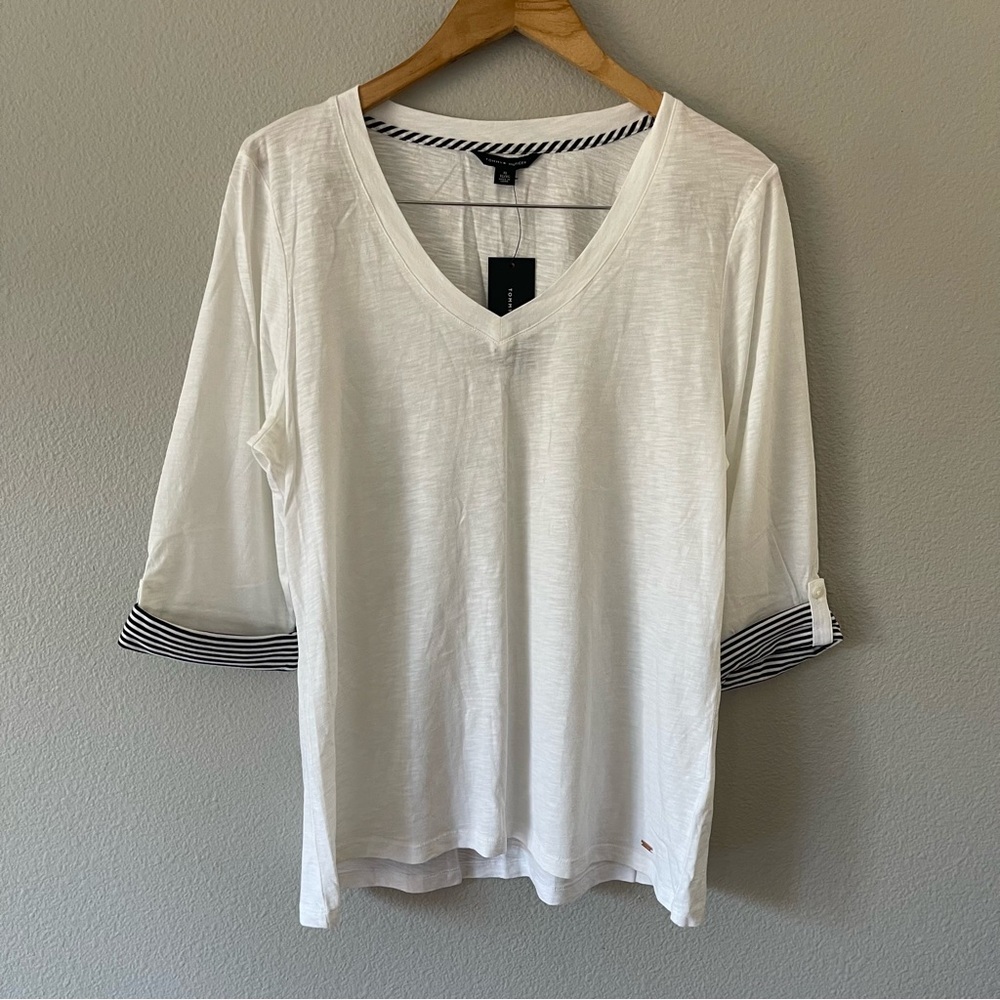Tommy Hilfiger White/Blue V-Neck Nautical Top Shirt Size XL